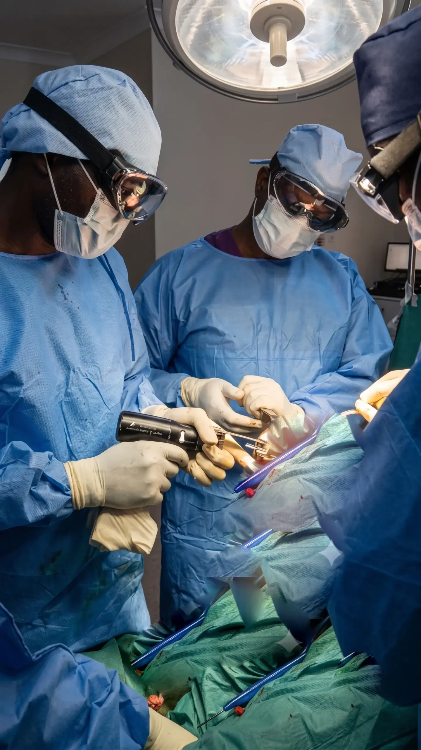 Surgical team working together in an operating theatre with orthopaedic instruments prepared nearby